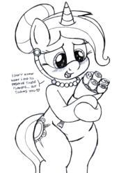 Size: 2048x3000 | Tagged: safe, artist:an-tonio, oc, oc only, oc:golden brooch, pony, unicorn, bipedal, blushing, bouquet, chubby, dialogue, earring, female, flower, hair bun, high res, jewelry, monochrome, mother, necklace, pearl earrings, pearl necklace, solo, speech