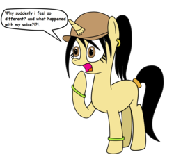 Size: 1477x1336 | Tagged: safe, artist:eagc7, oc, oc:curly fries, pony, unicorn, dialogue, ear piercing, earring, eyelashes, female, hat, jewelry, mare, piercing, ponytail, rule 63, simple background, text, transparent background