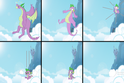 Size: 1500x1000 | Tagged: safe, spike, dragon, g4, canterlot, cloud, defeated, dizzy, dust cloud, falling, running away, spikezilla, transformation, vector used, winged spike, winged spikezilla, wings