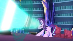 Size: 1200x675 | Tagged: safe, screencap, starlight glimmer, g4, it isn't the mane thing about you, chair, laser, magic, magic blast, twilight's castle, twilight's castle library