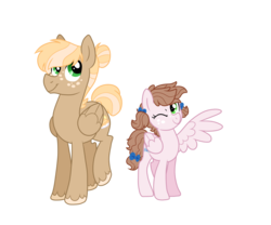 Size: 1200x1000 | Tagged: safe, artist:guzzlord, oc, oc only, oc:buckingham, oc:wildflower, pegasus, pony, brother and sister, colt, duo, female, filly, foal, hair bun, male, next generation, offspring, one eye closed, parent:applejack, parent:soarin', parents:soarinjack, simple background, transparent background, wink