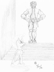 Size: 800x1067 | Tagged: safe, artist:mayorlight, silverstream, classical hippogriff, hippogriff, g4, school daze, crossover, dio brando, jojo's bizarre adventure, monochrome, pencil drawing, stardust crusaders, that hippogriff sure does love stairs, traditional art