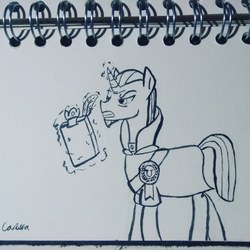 Size: 3120x3120 | Tagged: safe, artist:carbsta, chancellor neighsay, pony, unicorn, g4, school daze, clipboard, high res, ink, magic, male, monochrome, pen drawing, solo, stallion, telekinesis, traditional art