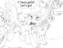 Size: 6600x5100 | Tagged: safe, artist:silfoe, applejack, fluttershy, pinkie pie, rainbow dash, rarity, twilight sparkle, alicorn, earth pony, pegasus, pony, unicorn, royal sketchbook, g4, absurd resolution, dialogue, eyes closed, female, flying, grayscale, mane six, mare, monochrome, open mouth, running, simple background, single panel, speech bubble, spread wings, twilight sparkle (alicorn), white background, wings, yelling