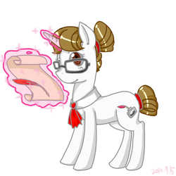 Size: 512x512 | Tagged: safe, artist:ohu1015, raven, pony, unicorn, g4, glasses, quill, scroll, smiling, solo