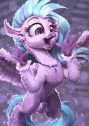 Size: 850x1200 | Tagged: safe, artist:assasinmonkey, silverstream, classical hippogriff, hippogriff, g4, school daze, cheek fluff, chest fluff, cute, diastreamies, digital painting, ear fluff, female, fluffy, flying, happy, leg fluff, open mouth, smiling, solo, spread wings, that hippogriff sure does love stairs, wing fluff, wings