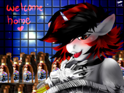 Size: 1600x1200 | Tagged: safe, artist:brainiac, oc, oc only, oc:blackjack, cyborg, pony, unicorn, fallout equestria, alcohol, amputee, blushing, collar, finger, floppy ears, fluffy, prosthetic arm, prosthetic limb, prosthetics, solo, text, whiskey, wild pegasus