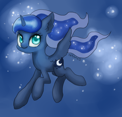 Size: 826x790 | Tagged: safe, artist:shusu, princess luna, alicorn, pony, g4, chibi, ethereal mane, female, flying, galaxy mane, mare, solo