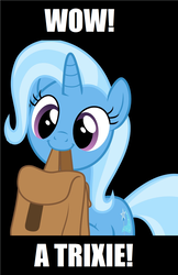 Size: 988x1528 | Tagged: safe, trixie, pony, unicorn, g4, to where and back again, :i, black background, c:, cute, diatrixes, female, looking at you, mare, meme, mouth hold, saddle bag, simple background, smiling, solo, to saddlebags and back again, wow, wow! glimmer, wow! trixie