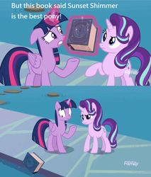 Size: 872x1024 | Tagged: safe, edit, edited screencap, screencap, starlight glimmer, twilight sparkle, alicorn, pony, unicorn, g4, school daze, book, book abuse, discovery family, discovery family logo, duo, eea rulebook, female, floppy ears, frown, glare, gritted teeth, logo, magic, mare, meme, op is a duck, op is trying to start shit, raised hoof, telekinesis, throwing, twilight sparkle (alicorn), water, wide eyes