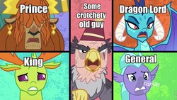 Size: 960x540 | Tagged: safe, edit, screencap, grampa gruff, prince rutherford, princess ember, seaspray, thorax, changedling, changeling, classical hippogriff, dragon, griffon, hippogriff, yak, g4, school daze, blind eye, caption, discovery family logo, dragoness, eye scar, female, fez, hat, image macro, king thorax, meme, one of these things is not like the others, scar, split screen