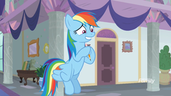 Size: 1920x1080 | Tagged: safe, screencap, rainbow dash, pegasus, pony, g4, school daze, cute, dashabetes, discovery family, discovery family logo, female, flying, hooves together, logo, mare, nervous, nervous smile, school, solo, upright