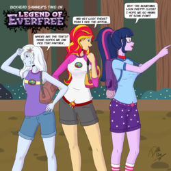 Size: 1500x1500 | Tagged: safe, artist:deltalima, sci-twi, sunset shimmer, trixie, twilight sparkle, equestria girls, g4, my little pony equestria girls: legend of everfree, backpack, breasts, camp everfree outfits, choker, clothes, dialogue, eyes on the prize, female, forest, glasses, implied lesbian, implied scitwishimmer, implied shipping, language, shirt, shorts