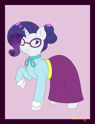Size: 1024x1336 | Tagged: safe, artist:yanie-the-brown-pone, rarity, pony, unicorn, g4, school daze, alternate hairstyle, clothes, dress, female, glasses, looking at you, mare, one eye closed, raised hoof, schoolmarm rarity, smiling, solo, teacher, wink