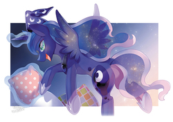 Size: 851x600 | Tagged: safe, artist:jannel300, princess luna, alicorn, pony, blushing, colored pupils, ethereal mane, female, galaxy mane, glowing horn, happy, hat, levitation, looking at you, looking back, looking back at you, magic, mare, nightcap, pillow, smiling, solo, spread wings, telekinesis, wings
