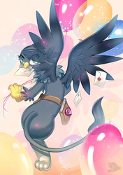 Size: 600x851 | Tagged: safe, artist:jannel300, gabby, griffon, g4, balloon, colored pupils, cute, female, letter, looking at you, looking back, looking back at you, mail, mouth hold, paw pads, solo, spread wings, wings