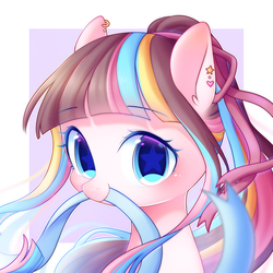Size: 2000x2000 | Tagged: safe, artist:leafywind, oc, oc only, oc:ribbon dancer, earth pony, pony, bust, ear piercing, female, high res, looking at you, mare, mouth hold, multicolored hair, piercing, ribbon, solo, starry eyes, wingding eyes