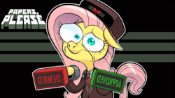 Size: 1280x720 | Tagged: safe, artist:hotdiggedydemon, edit, fluttershy, pegasus, pony, g4, anxiety, anxious, arstotzka, bipedal, clothes, crossover, equestotzka, female, floppy ears, glory to arstotzka, hoof hold, inspector, looking at you, mare, nervous, papers please, parody, solo, stamp, stamp of approval, uniform