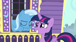 Size: 1280x720 | Tagged: safe, screencap, trixie, twilight sparkle, alicorn, pony, g4, to where and back again, trixie's wagon, twilight sparkle (alicorn)