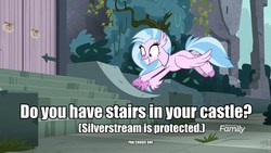 Size: 960x540 | Tagged: safe, screencap, silverstream, classical hippogriff, hippogriff, g4, school daze, season 8, discovery family, discovery family logo, female, image macro, logo, meme, pak chooie unf, stairs, text, that hippogriff sure does love stairs, the terrible secret of space