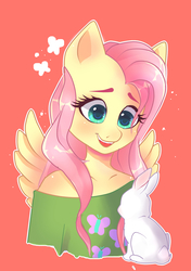 Size: 1200x1700 | Tagged: safe, artist:mad-scientist-kitten, angel bunny, fluttershy, pegasus, anthro, g4, clothes, cute, cutie mark on clothes, duo, female, mare, shirt, shyabetes, smiling, t-shirt