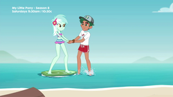 Size: 1280x720 | Tagged: safe, screencap, lyra heartstrings, timber spruce, equestria girls, equestria girls series, g4, turf war, barefoot, clothes, duo, feet, lifeguard timber, lyra heartstrings swimsuit, swimsuit