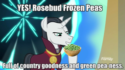 Size: 1920x1080 | Tagged: safe, edit, edited screencap, screencap, chancellor neighsay, pony, unicorn, g4, school daze, discovery family, discovery family logo, food, frozen peas, image macro, logo, male, maurice lamarche, meme, orson welles, photoshop, smiling, solo, the critic, voice actor joke, when he smiles
