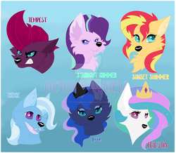 Size: 1024x893 | Tagged: safe, artist:fictitiouswolf, princess celestia, princess luna, starlight glimmer, sunset shimmer, tempest shadow, trixie, pony, unicorn, wolf, g4, my little pony: the movie, species swap, watermark, wolfified