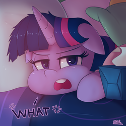 Size: 1920x1920 | Tagged: safe, artist:zelc-face, twilight sparkle, alicorn, pony, g4, school daze, annoyed, bed, cross-popping veins, cute, dialogue, female, floppy ears, looking at you, open mouth, pillow, pillowfort pouting, pouting, sad, scene interpretation, signature, solo, text, tissue box, twilight sparkle (alicorn), twilight sparkle is not amused, unamused