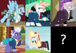 Size: 2202x1536 | Tagged: safe, screencap, chancellor neighsay, gladmane, svengallop, wind rider, zesty gourmand, earth pony, pegasus, pony, unicorn, g4, rarity investigates, school daze, spice up your life, the mane attraction, viva las pegasus, antagonist, cropped, female, glowing horn, horn, irredeemable, magic, male, mare, question mark, stallion