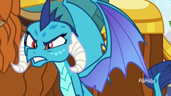 Size: 1920x1080 | Tagged: safe, screencap, prince rutherford, princess ember, dragon, yak, g4, school daze, angry, discovery family, discovery family logo, dragoness, ember is not amused, female, gritted teeth, horns, i'll show you unpredictable, logo, male, scowl, solo focus, spread wings, wings