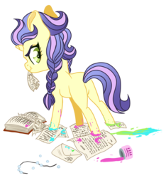 Size: 758x811 | Tagged: safe, artist:whalepornoz, oc, oc only, oc:pansy, pony, unicorn, book, braid, female, mess, messy, offspring, paint, paper, parent:soarin', parent:spitfire, parents:soarinfire, simple background, solo, transparent background