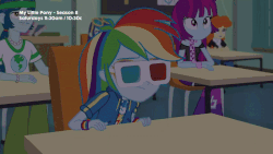 Size: 800x450 | Tagged: safe, screencap, blueberry cake, captain planet, chestnut magnifico, daring do, golden hazel, mystery mint, rainbow dash, sci-twi, twilight sparkle, equestria girls, equestria girls series, g4, the last day of school, 3d glasses, animated, background human, book, clock, geode of super speed, geode of telekinesis, magical geodes, sunglasses