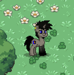 Size: 640x646 | Tagged: safe, artist:thesignedpainter, oc, oc:ink splatter, pony, unicorn, pony town, blue eyes, clover, ear piercing, earring, facial hair, flower, grass, ink, jewelry, male, piercing, pixel art, screenshots, stallion, tree