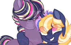 Size: 1289x826 | Tagged: safe, artist:wishing-well-artist, oc, oc only, oc:cosmic stardust, oc:sunshine anomaly, pony, unicorn, female, half-siblings, half-sisters, mare, offspring, parent:flash sentry, parent:shadow lock, parent:twilight sparkle, parents:flashlight, parents:twilock, simple background, transparent background