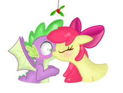 Size: 1200x900 | Tagged: artist needed, source needed, safe, apple bloom, spike, dragon, earth pony, pony, g4, blushing, cute, duo, eyes closed, female, filly, foal, holly, holly mistaken for mistletoe, kiss on the lips, kissing, male, mistletoe, ship:spikebloom, shipping, shrunken pupils, simple background, spread wings, straight, surprise kiss, white background, wingboner, winged spike, wings