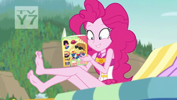 Size: 1280x720 | Tagged: safe, screencap, feather bangs, pinkie pie, equestria girls, equestria girls series, friendship math, barefoot, clothes, cute, diapinkes, feet, female, magazine, one-piece swimsuit, pinkie pie swimsuit, soles, solo, swimsuit, toes