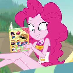 Size: 672x669 | Tagged: safe, screencap, feather bangs, pinkie pie, equestria girls, equestria girls series, friendship math, g4, clothes, cropped, female, magazine, solo, swimsuit