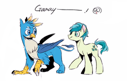 Size: 946x605 | Tagged: safe, artist:emina15966emina, artist:emma15966emma, gallus, sandbar, earth pony, griffon, pony, g4, school daze, chest fluff, claws, cutie mark, duo, gay, interspecies, leonine tail, looking at each other, looking back, male, paws, ship:gallbar, shipping, simple background, smiling, white background, wings