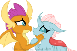 Size: 1302x855 | Tagged: safe, artist:ipandacakes, ocellus, smolder, changedling, changeling, dragon, g4, school daze, changeling x dragon, claws, cute, diaocelles, dragon wings, dragoness, female, floppy ears, hooves, horn, horns, interspecies, lesbian, ship:smolcellus, shipping, simple background, smolderbetes, spread wings, teenaged dragon, teenager, transparent background, wings