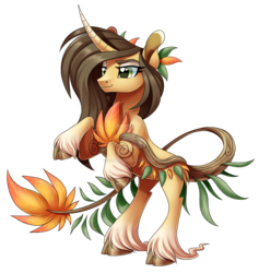 Size: 1600x1689 | Tagged: safe, artist:centchi, oc, oc only, oc:leavella, original species, augmented tail, curved horn, eyeshadow, female, horn, leonine tail, makeup, rearing, simple background, solo, transparent background, watermark