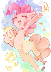Size: 1188x1680 | Tagged: safe, artist:sibashen, pinkie pie, earth pony, pony, g4, cute, diapinkes, eyes closed, female, food, mare, open mouth, popcorn, smiling, solo, underhoof