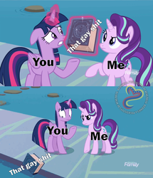 Size: 1215x1413 | Tagged: safe, edit, edited screencap, screencap, starlight glimmer, twilight sparkle, alicorn, pony, g4, school daze, discovery family, discovery family logo, logo, meme, that gay shit, that gay shit and me, twilight sparkle (alicorn)