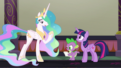 Size: 1920x1080 | Tagged: safe, screencap, princess celestia, spike, twilight sparkle, alicorn, pony, g4, my little pony: friendship is magic, school daze, quill, twilight sparkle (alicorn)