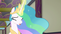 Size: 1920x1080 | Tagged: safe, screencap, princess celestia, g4, my little pony: friendship is magic, school daze, biting, discovery family logo, eyes closed, female, out of context, solo, tongue bite, tongue out