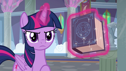 Size: 1920x1080 | Tagged: safe, screencap, twilight sparkle, alicorn, pony, g4, school daze, season 8, angry, book, eea rulebook, female, folded wings, frown, glare, levitation, looking at you, magic, mare, raised hoof, solo, telekinesis, twilight sparkle (alicorn), wings