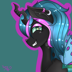 Size: 1400x1400 | Tagged: safe, artist:yumomochan, queen chrysalis, changeling, changeling queen, g4, cute, cutealis, digital, digital art, evil, evil queen, fanart, female, green background, looking at you, ponytail, queen, signature, simple background