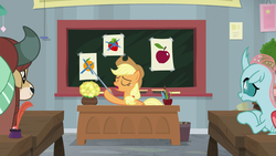 Size: 1920x1080 | Tagged: safe, screencap, applejack, ocellus, yona, changedling, changeling, earth pony, pony, yak, g4, school daze, apple, biased, chalkboard, classroom, female, food, magnetic hooves, mare, orange, quill, strawberry, teacher, teaching, that pony sure does hate strawberries, that pony sure does love apples