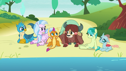 Size: 1920x1080 | Tagged: safe, screencap, gallus, ocellus, sandbar, silverstream, smolder, yona, changedling, changeling, classical hippogriff, dragon, earth pony, griffon, hippogriff, pony, yak, g4, school daze, best friends, bonding, bonding time, braid, cloven hooves, confused, curved horn, cute, diaocelles, diastreamies, dragoness, female, frown, gallabetes, hair over one eye, horn, horns, lying down, male, paws, prone, raised eyebrow, sandabetes, sitting, slit pupils, smiling, smolderbetes, spread wings, stallion, student six, talons, teenager, water, wings, yonadorable
