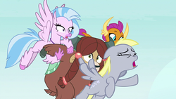 Size: 1920x1080 | Tagged: safe, screencap, derpy hooves, silverstream, smolder, yona, classical hippogriff, hippogriff, g4, school daze